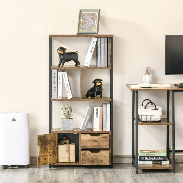 Estante para Livros com Armário e 2 Gavetas de Armazenamento Estante Estilo Industrial para Escritório Sala de Estar 58x24x122cm Marrom Rústico