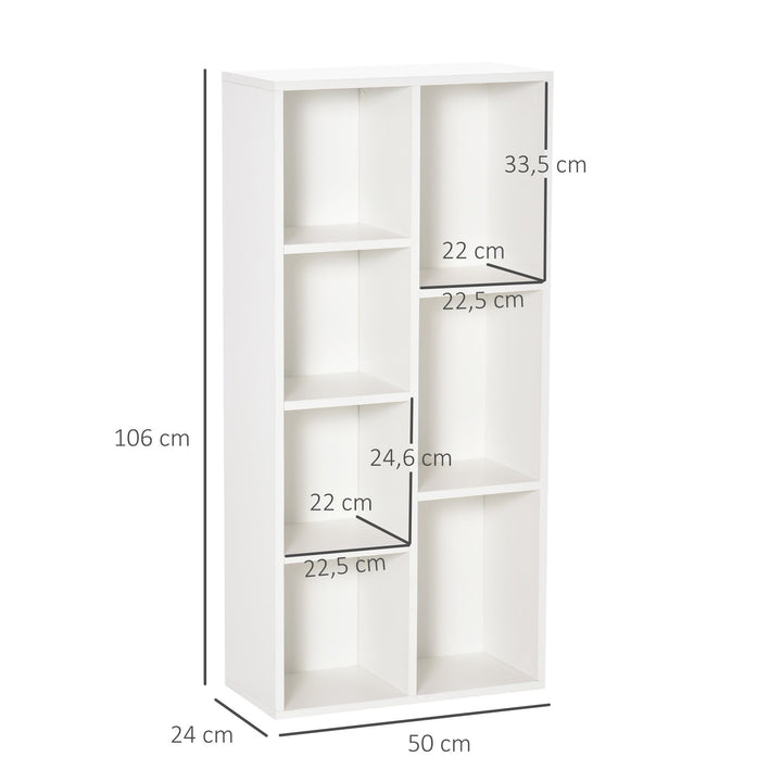Estante para Livros de Madeira com 7 Compartimentos de Armazenamento para Sala de Estar Dormitório Escritório 50x24x106cm Branco
