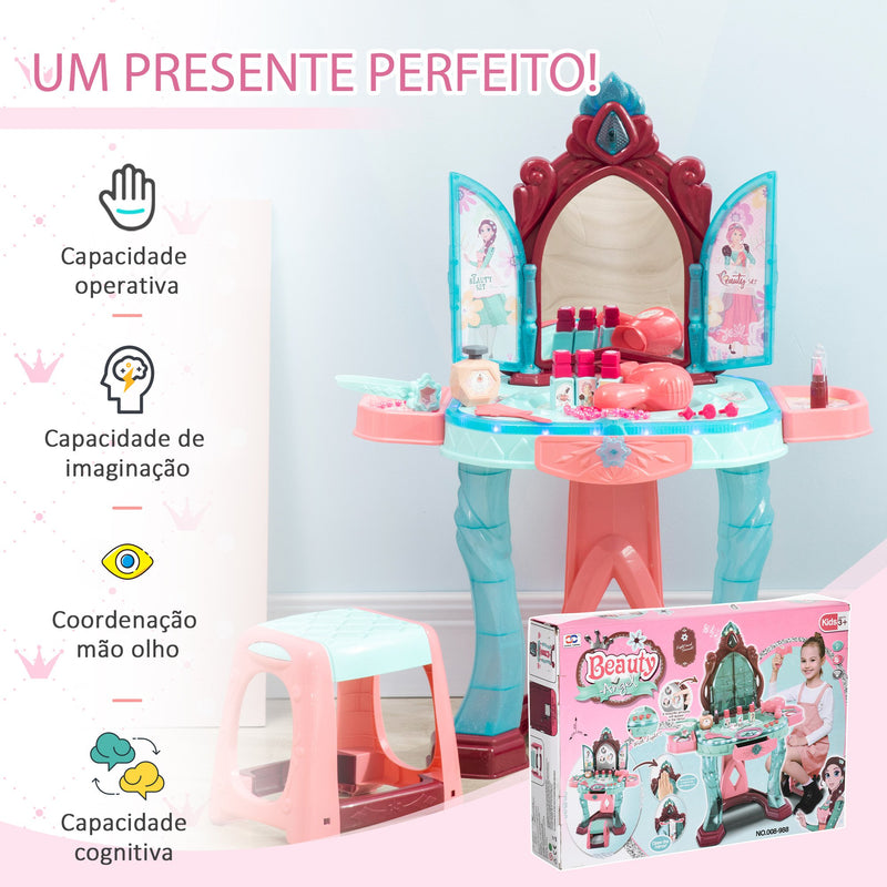 Toucador Infantil para Crianças acima de 3 Anos com Banco Espelho Luz Música e Secador Inclui 31 Acessórios Toucador de Maquilhagem 57x34x73cm Multicor