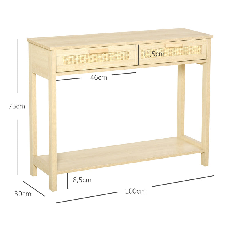 Mesa consola tipo aparador em malha com 2 gavetas e prateleira inferior para o corredor Quarto sala de estar 100x30x76 cm Natural