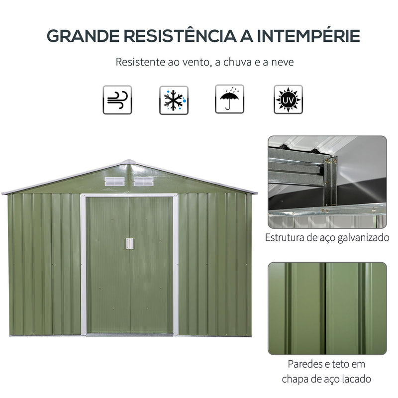 Abrigo de Jardim Exterior Abrigo e Jardim Metálico para Armazenamento de Ferramentas com Base Incluída e 4 Janelas 5,2 m² 277x195x192cm Verde Claro