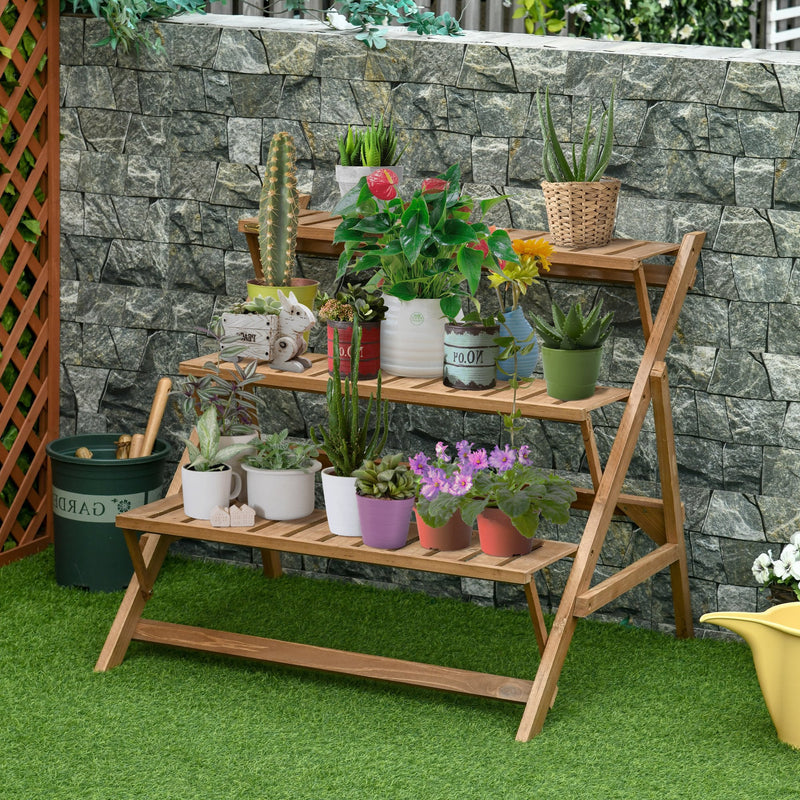 Suporte de Madeira para Plantas em Forma de Escada com 3 Prateleiras Dobrável Suporte de Vasos de Plantas para Decoração de Interiores e Exteriores 101x83x88cm Marrom