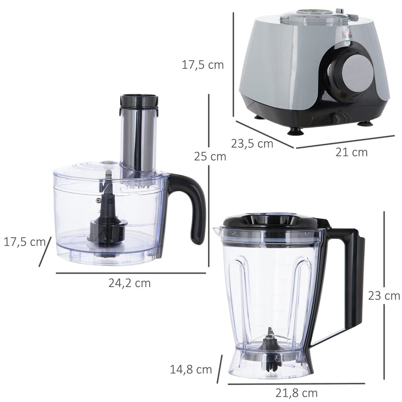 Processador de Alimentos 650W Taça 1L Copo 1,25L Processador de Alimentos com Ecrã LED 3 Velocidades Função de Pulse Aço Inoxidável 23,5x21x17,5cm Prata