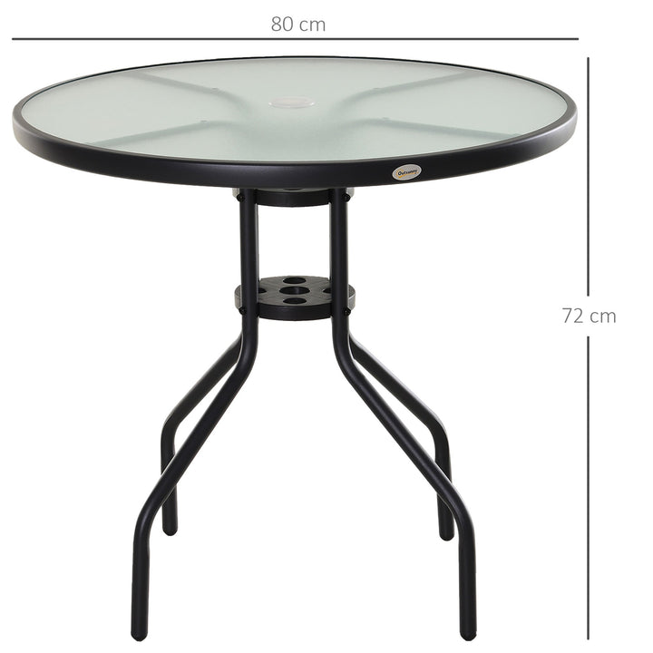 Mesa de Jardim Redonda Mesa Sala de Jantar de Cristal Temperado com Orifício para Chapéu de Sol Estrutura Metálica para Pátio Terraço Exterior Ø80x72cm Preto
