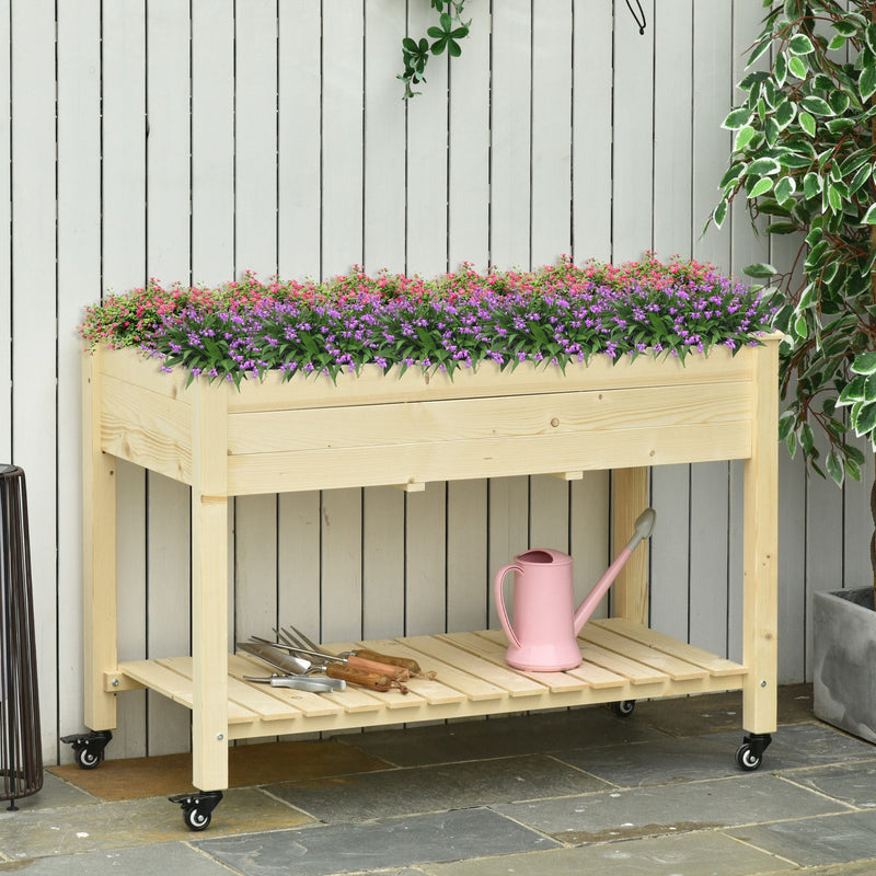 Horta urbana mesa de cultivo elevada de madeira com prateleira tecido Geotêxtil rodas com Freios portátil para Jardim 118x55x83 cm Cor Natural