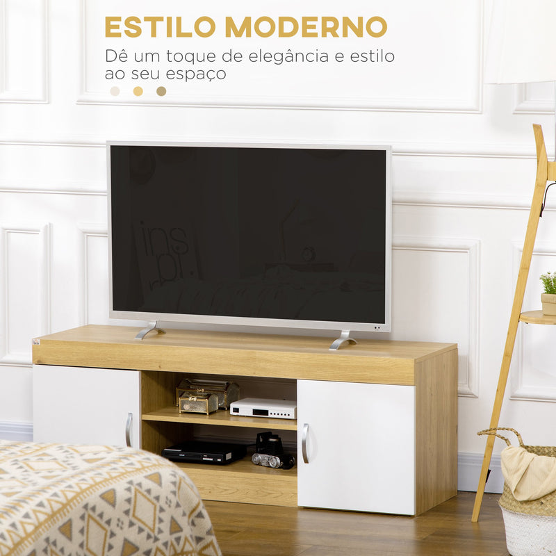 Móvel para TV Móvel para Sala de Estar Moderno com 2 Portas com Puxador e Armazenamento de 2 Níveis para Televisores de até 60 Polegadas para Dormitório 130x39,6x48cm Branco e Madeira