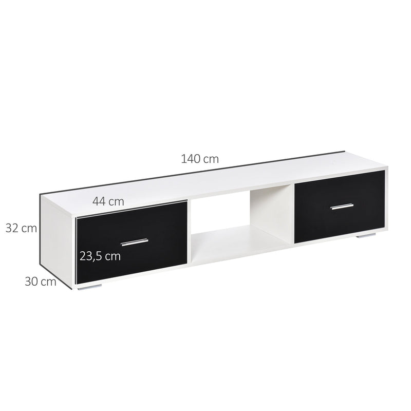 Móvel de TV para Televisores de até 60" Móvel de Sala de Estar Moderno com 2 Gavetas e Compartimento Aberto 140x30x32cm Branco e Preto