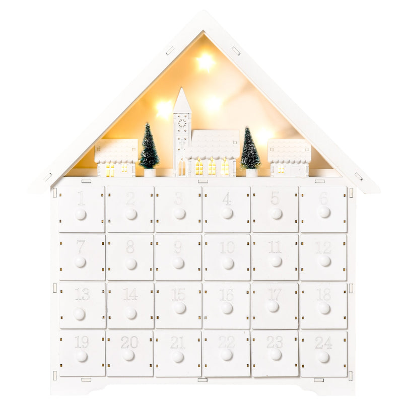 Calendário de Advento de Natal Madeira com 24 Gavetas e Luzes LED Decoração de Natal Modelo Casinha 39x9x42cm Branco