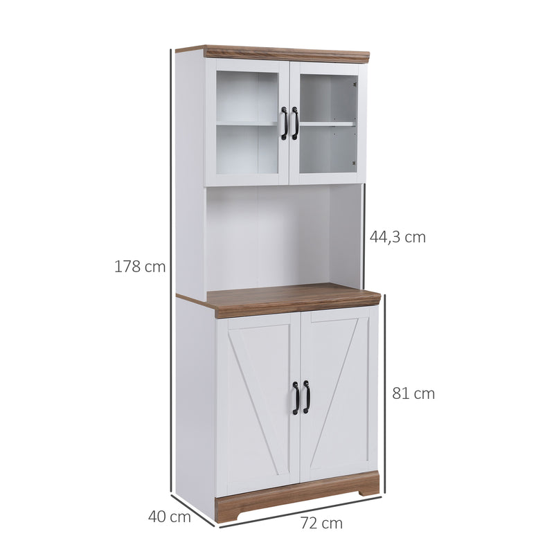 Armário de Cozinha Móvel Auxiliar de Cozinha com 2 Portas de Vidro Prateleiras Ajustáveis Bancada e Armário para Sala de Jantar Sistema Anti-Tombo 72x40x178cm Branco e Madeira