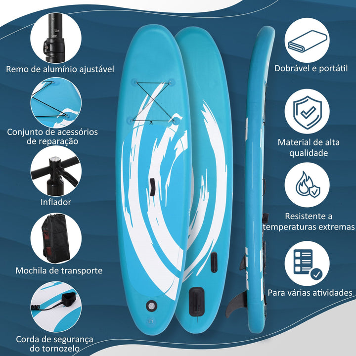 Prancha de Paddle Surf Insuflável 300x76x15cm Prancha de Stand Up Insuflável com Remo Ajustável Barbatanas Superfície Antiderrapante Bomba e Bolsa de Transporte Azul