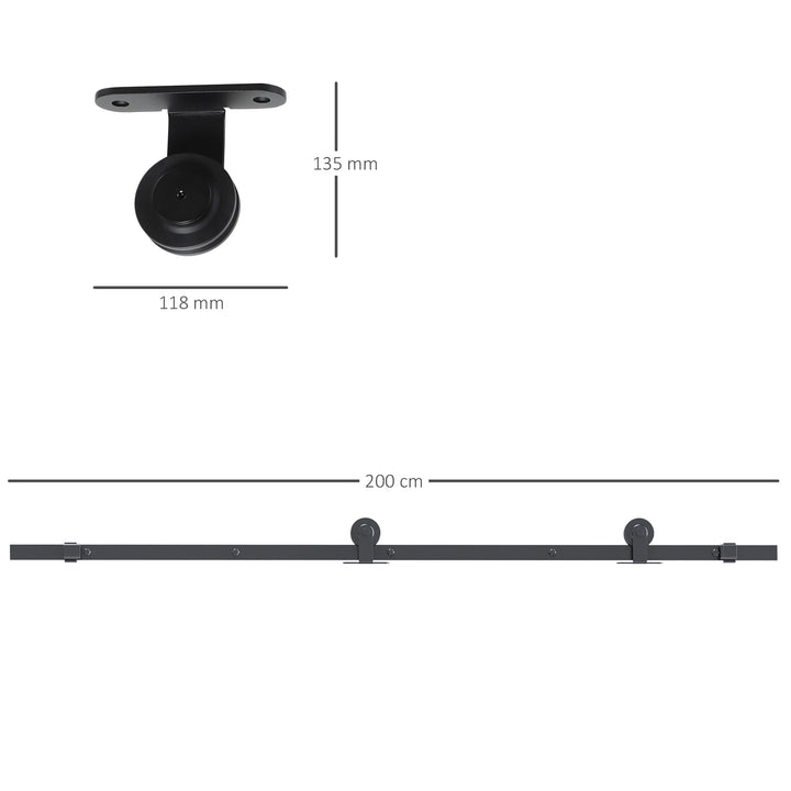 Ferragem para Porta de Correr 200cm Kit de Acessórios para Porta Corredeira com 2 Trilhos de Aço de Carbono Carga Máxima 100kg 200x40x0,6cm Preto