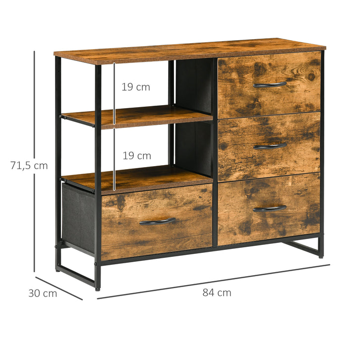 Cómoda com 4 Gavetas de Tecido Dobrável e 2 Prateleiras Abertas Armário de Armazenamento para Escritório Dormitório Estilo Industrial Anti-Tombo 84x30x71,4cm Marrom Rústico