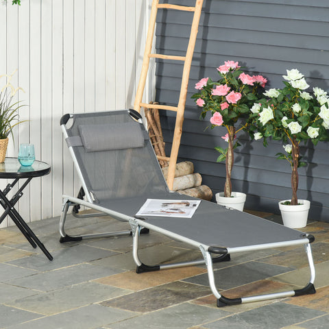 Espreguiçadeira de Jardim Dobrável com Apoio para a Cabeça Removível e Encosto Ajustável em 4 Posições para Jardim Terraço Campismo Exterior 170x60x76cm Cinza
