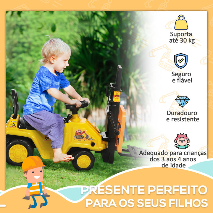 Carro Andador para Crianças acima de 3 Anos Empilhadeira Elevatória de Brinquedo com Forquilha Móvel Buzina e Assento com Armazenamento Oculto Carga Máxima 30kg 86x27,5x47,5cm Amarelo