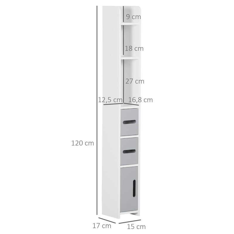 Coluna Casa de Banho com 3 Portas e 3 Prateleiras Abertas Coluna Auxiliar para Sala de Estar Casa de Banho Dormitório Estilo Moderno 15x17x120cm Branco e Cinza