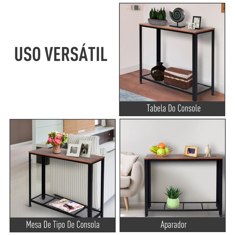 Mesa consola estilo industrial mesa de corredor com prateleira de malha de metal 101x35x80cm 10kg marrom e preto