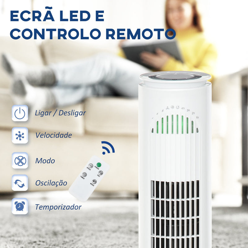 Ventoinha de Torre com Controlo Remoto ou Controlo Manual Temporizador de até 10h Oscilação 70° 3 Velocidades e 3 Modos 45W Ø22x77 cm Branco