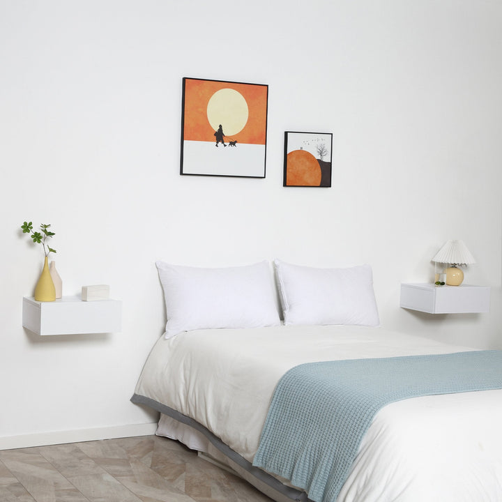 Conjunto de 2 Mesas de Cabeceira com 1 Gaveta Desenho Montado na Parede Estilo Moderno para Dormitório 40x30x15cm Branco