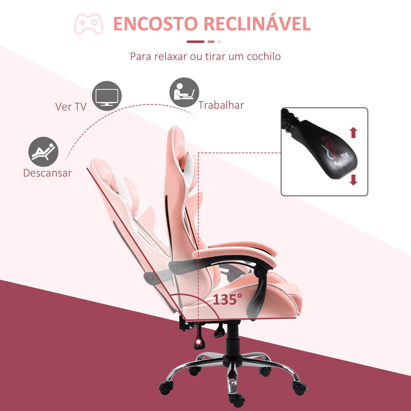 Vinsetto Cadeira Gaming Ergonômica Cadeira para Videojogos Reclinável com Altura Ajustável Apoio para a Cabeça e Almofada Lombar 63x67x122-130cm Rosa e Branco