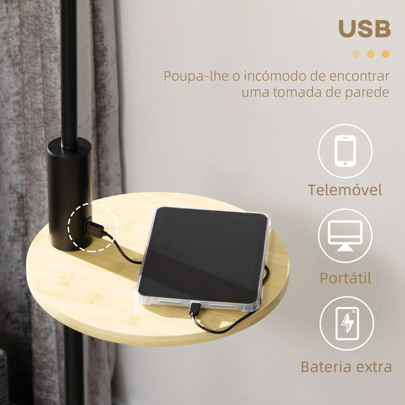 Candeeiro de Pé com Mesa Auxiliar Candeeiro com Prateleira Lâmpada E27 Máx. 40W com Ecrã de Linho Interruptor de Corrente e Carregador USB para Sala de Estar Ø40x168cm Preto e Madeira