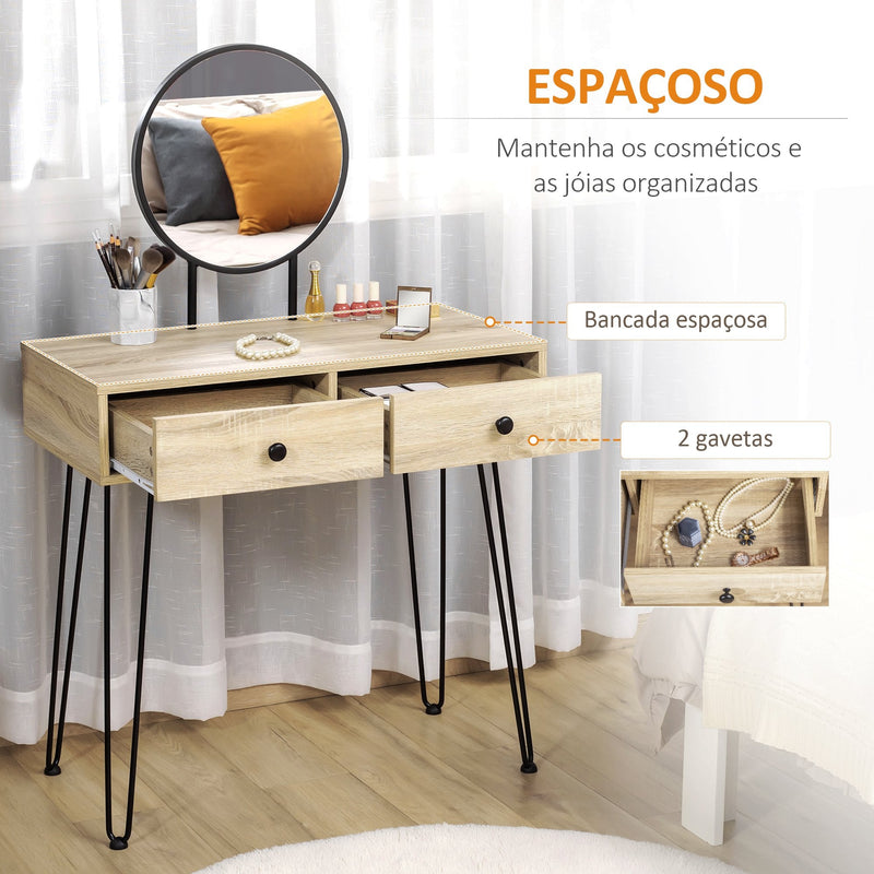 Toucador de Maquilhagem Mesa de Maquilhagem com Espelho Redondo 2 Gavetas e Pés de Metal Estilo Moderno para Dormitório 80x40x125cm Carvalho