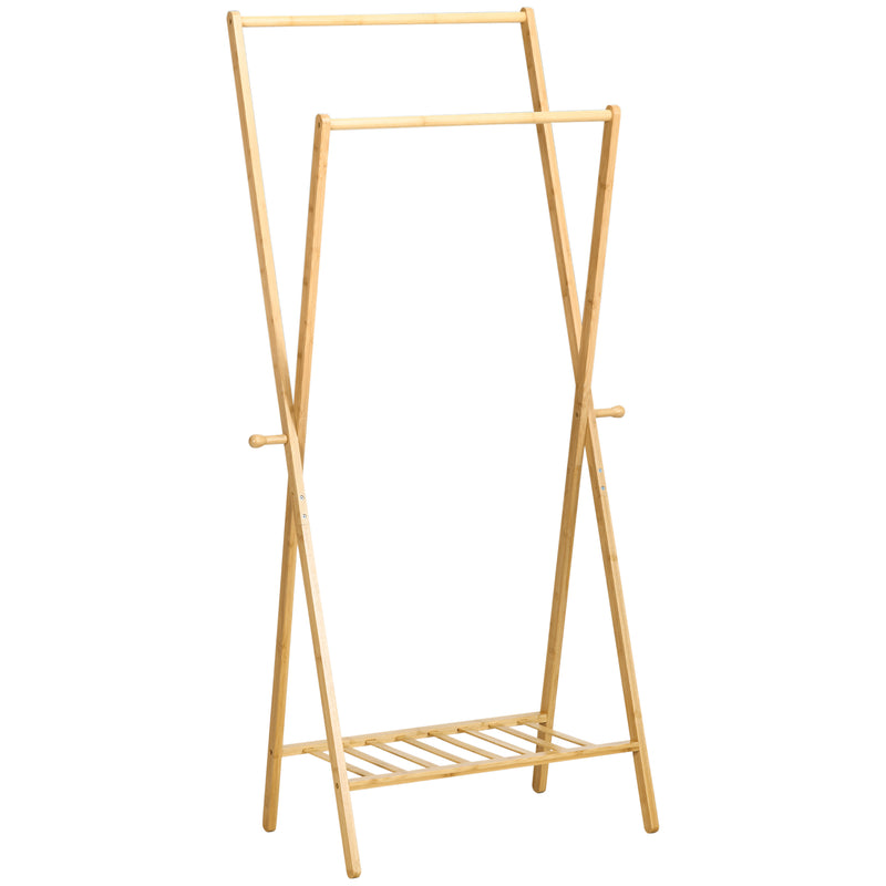 Suporte para Cabides de Bambu Porta Cabides com Prateleira para Sapatos 2 Barras e 2 Ganchos para Corredor Entrada Dormitório 74x42x150 cm Madeira