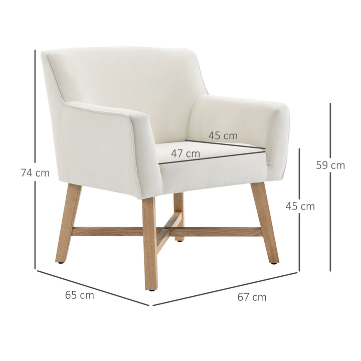 Poltrona de Sala de Estar Estofada em Veludo Poltrona Relax Moderna com Apoio para os Braços Acolchoados Pés de Madeira e Base Cruzada para Dormitório 67x65x74cm Branco Creme
