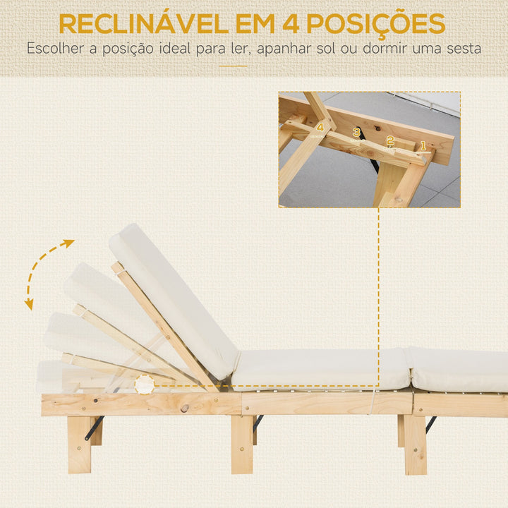 Espreguiçadeira de Madeira Dobrável com Encosto Ajustável em 4 Posições Almofada Removível Carga Máxima 113kg para Jardim Terraço Campismo Exterior 195x59x30cm Madeira e Creme