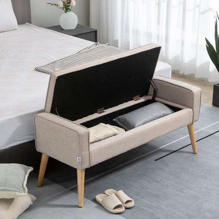 Banco de Armazenamento Baú de Armazenamento Estofado em Linho com Tampa Abatível e Pés de Madeira para Dormitório Sala de Estar Entrada Carga 120kg 120x45x54cm Bege