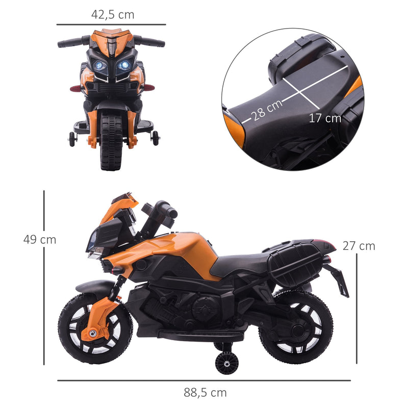 Moto Elétrica para Crianças a partir de 18 Meses 6V com Faróis Buzina 2 Rodas de Equilibrio Velocidade Máx. de 3km/h Motocicleta de Brinquedo 88,5x42,5x49cm Laranja