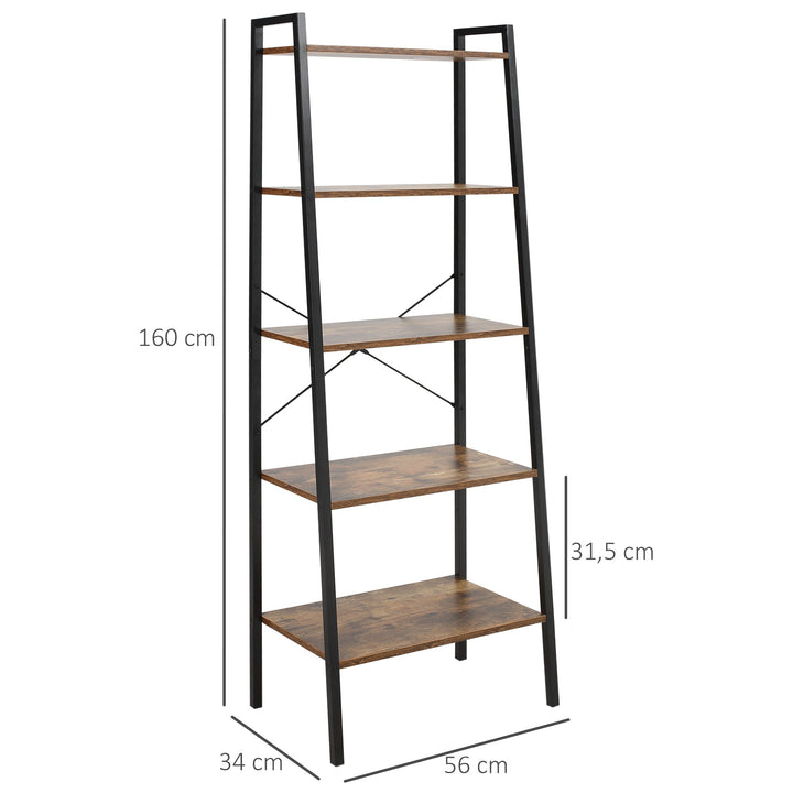 Estante de Estilo Industrial em Forma de Escada com 5 Prateleiras com Estrutura de Metal para Sala de Estar Dormitório Cozinha Escritório 56x34x160cm Marrom Rústico