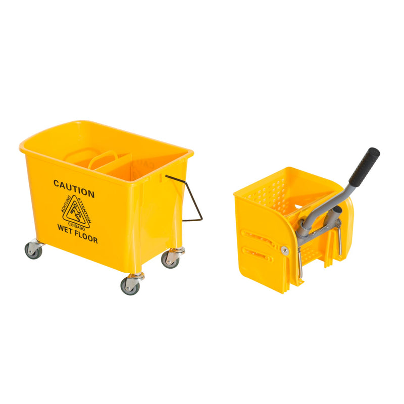 Balde de esfrega profissional 20L com rodas e prensa Balde de esfrega industrial Amarelo 63x27x67cm