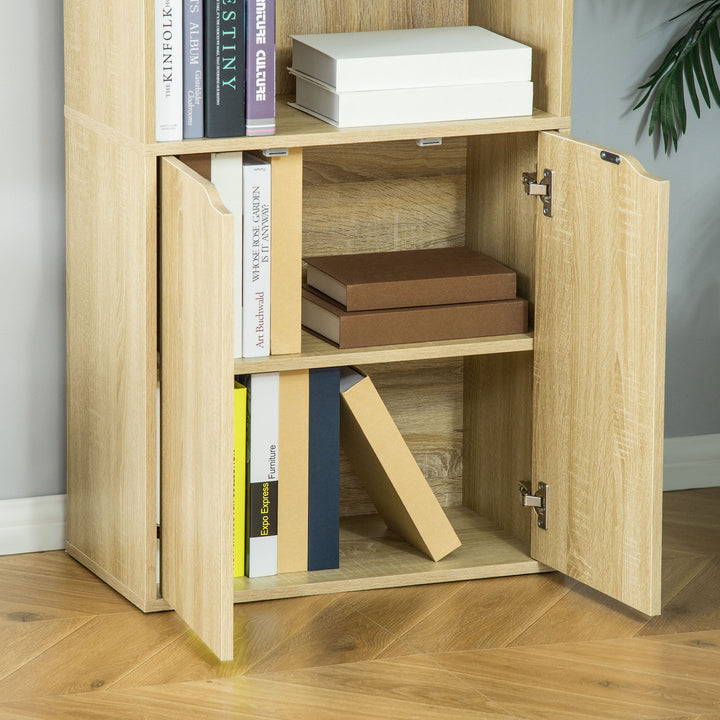 Estante para Livros com 4 Compartimentos Abertos e 1 Armário com 2 Prateleiras Armazenamento Livros Plantas para Sala de Estar Escritório 59x29x180cm Natural