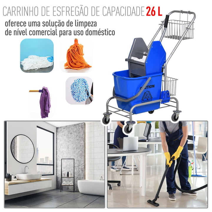 Balde de esfregona comercial com escorredor de rodas e capacidade de cestos de 26 L azul