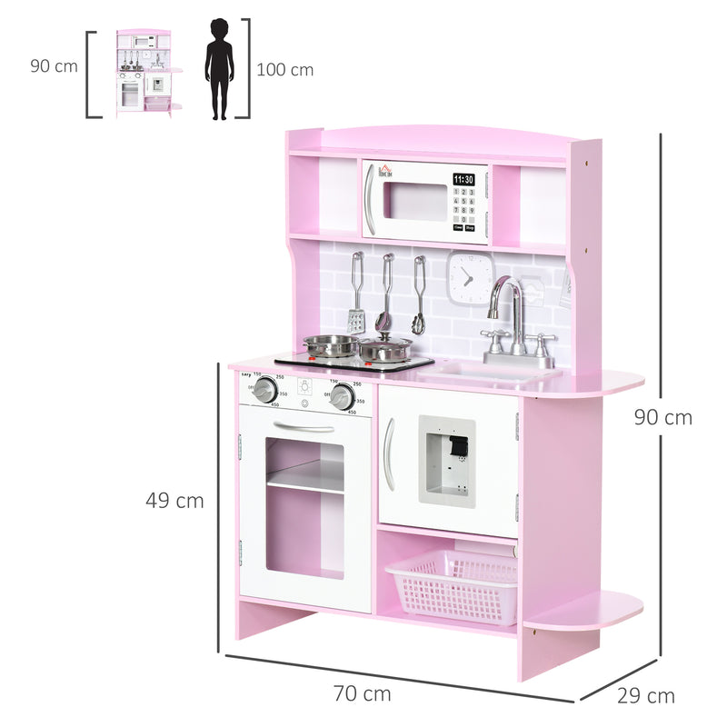 Cozinha Infantil para Crianças acima de 3 Anos Cozinha Infantil com Luzes Sons Lavatório Fogão Dispensador de Água e Forno 70x29x90cm Rosa