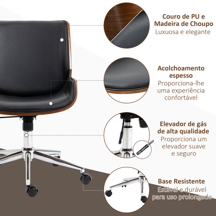 Cadeira de Escritório Giratória Cadeira de Escritório de PU com Altura Ajustável Função Inclinação e Rodas para Sala de Estar Dormitório Estúdio Carga Máxima 120kg 51x65,5x82-92cm Preto