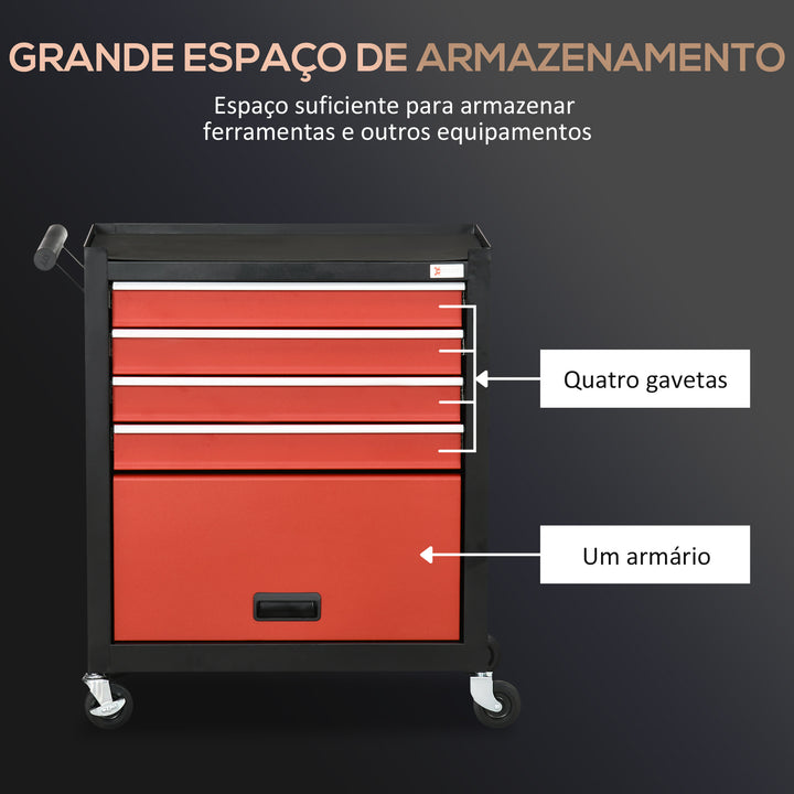 Carro de Ferramentas Móvel com Rodas 4 Gavetas Compartimento de Armazenamento e Alça Lateral Carga 130kg para Garagem Oficina 69x33x75cm Preto e Vermelho