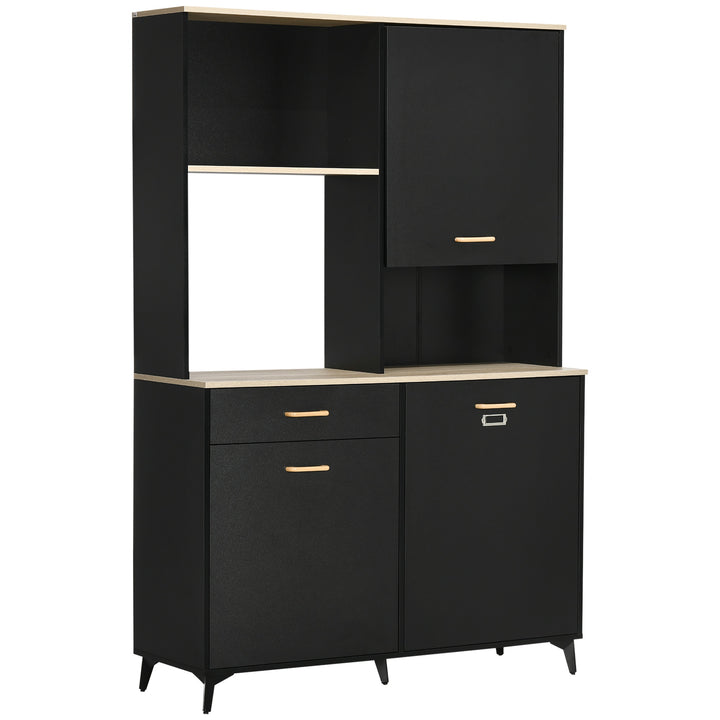 Armário de Cozinha Aparador de Sala de Jantar com 1 Gaveta 3 Portas e Armazenamento Aberto Móvel Auxiliar para Microondas de Estilo Moderno 119x41x180cm Preto