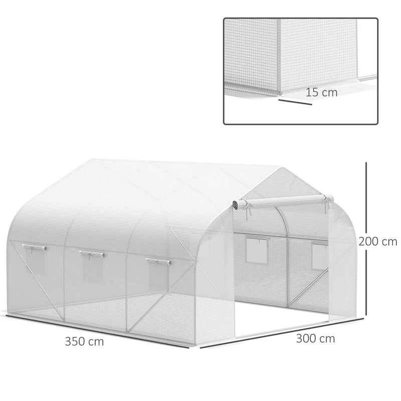 Cobertura de Estufa de Túnel 3,5x3x2m Cobertura de Substituição de Estufa Polietileno com 6 Janelas e Portas Enroláveis Proteção de Plantas para Jardim Branco