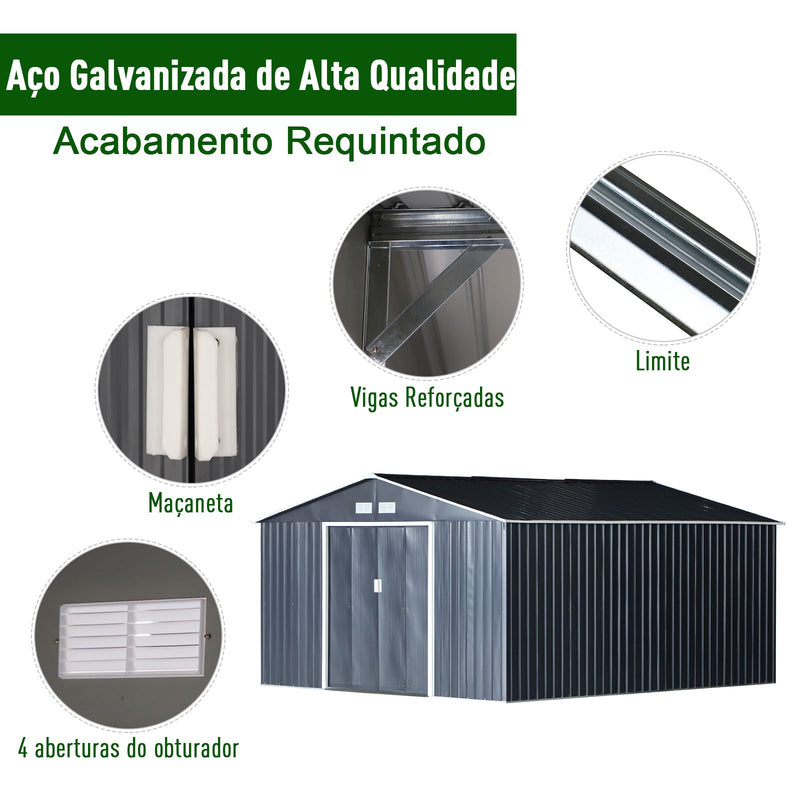 Galpão de jardim Galpão de armazenamento para ferramentas com porta deslizante dupla aço galvanizado 340x382x200 cm cinza