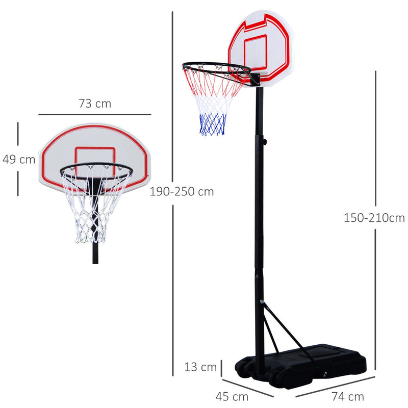 Tabela de basquetebol dobrável e ajustável em altura 150-210 cm branco preto e vermelho