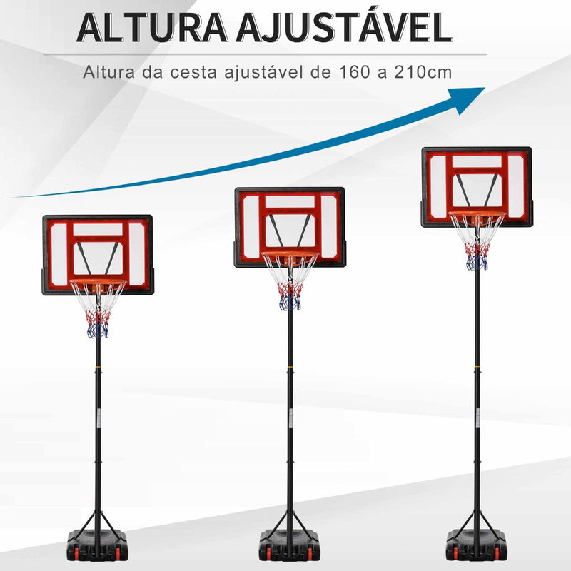 Cesta de Basquetebol Ajustável de 160-210cm Aro de Basquetebol com Suporte de Aço Base Recarregável 2 Rodas para Crianças e Adultos 75x83x261cm Vermelho e Preto