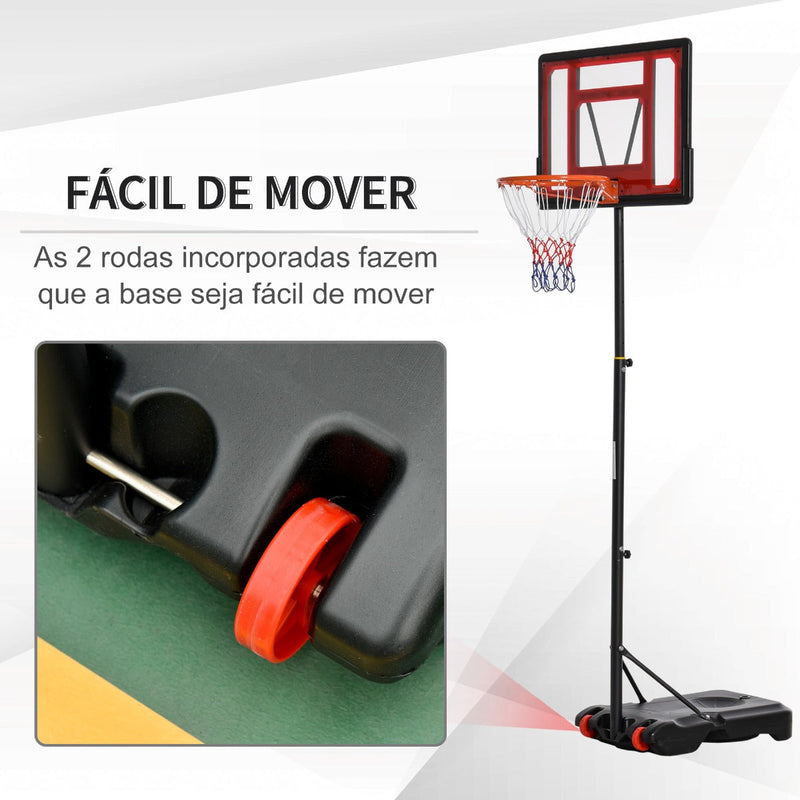 Cesta de Basquetebol Ajustável de 160-210cm Aro de Basquetebol com Suporte de Aço Base Recarregável 2 Rodas para Crianças e Adultos 75x83x261cm Vermelho e Preto