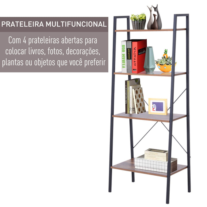 Prateleira de estante de escada industrial com 4 prateleiras escalonado 60x35x145cm aço e madeira