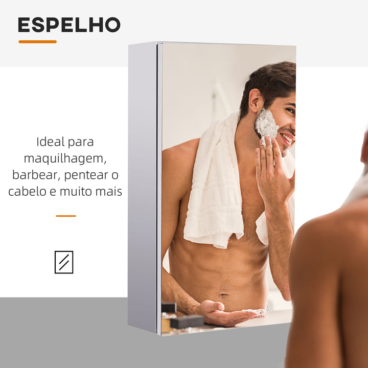 Armário Casa de Banho com Espelho Armário de Parede Casa de Banho com Porta 2 Prateleiras de Armazenamento e Estrutura de Aço Inoxidável 30x14x55cm Prata