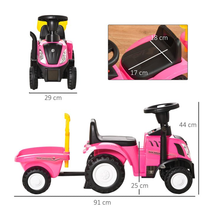 Trator para Crianças de 12-36 Meses com Reboque Removível Carro Andador com Buzina Farol Pá e Ancinho Carga 25kg 91x29x44cm Rosa