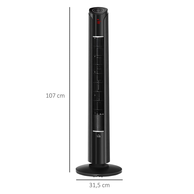 Ventoinha de Torre Altura 107cm 45W com Controle Remoto 3 Velocidades 4 Modos de Funcionamento Oscilação de 70° Inclinação Tela LED Tátil e temporizador de 12H Silencioso Escritório Casa Preto