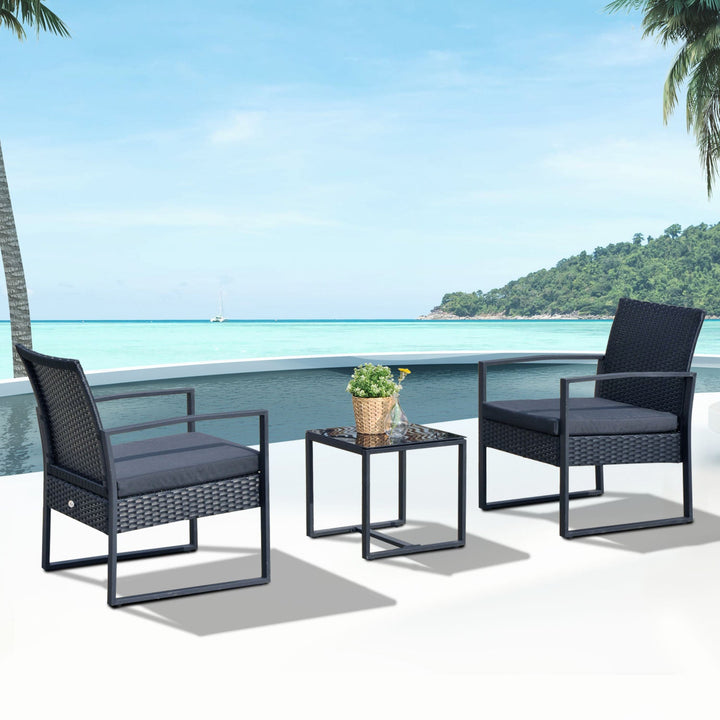 Conjunto de Móveis de Jardim de Vime 3 Peças com 1 Mesa 42,5x40x39 cm 2 Poltronas 63x57x76 cm Almofada Acolchoada para Pátio Varanda Preto