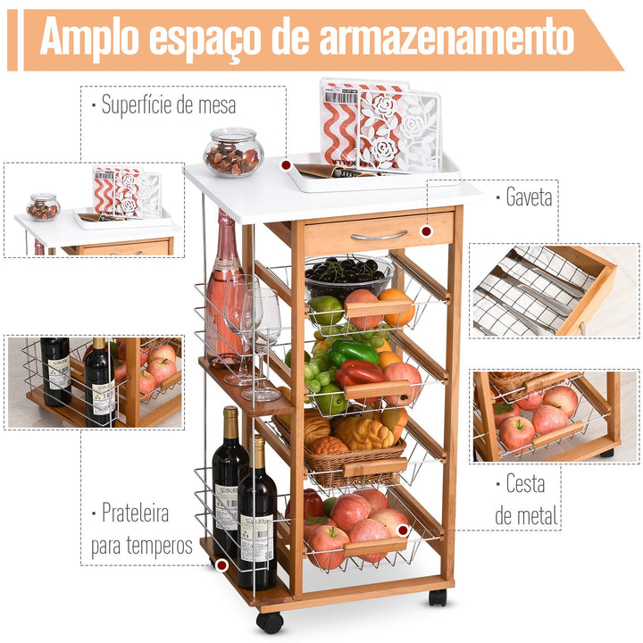 Carrinho de cozinha com bancada de madeira Cesta de armazenamento de fio de 4 camadas 47x 37x 83cm