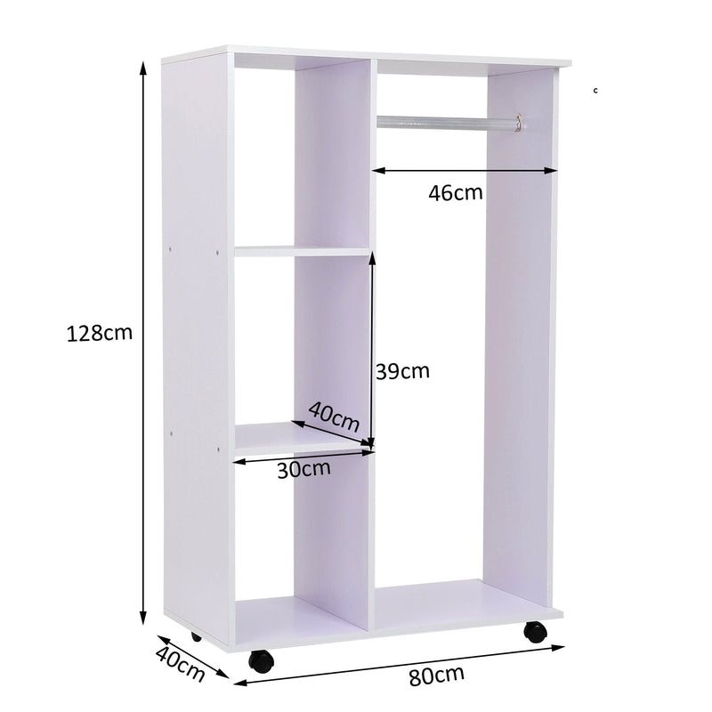 Armário aberto de madeira com rodas 80x40x128cm branco